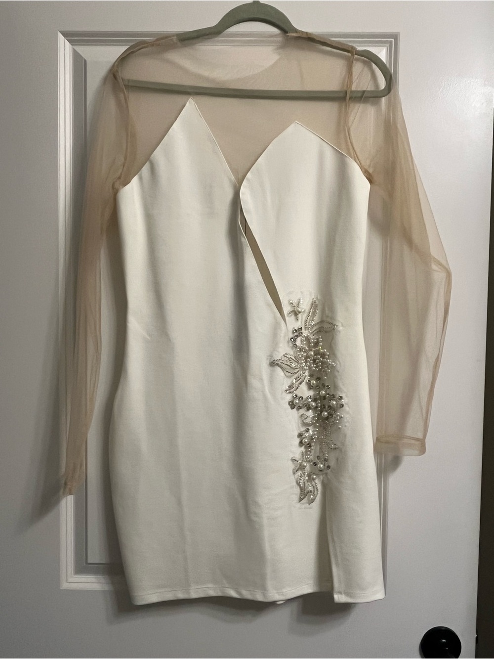 Fashion Nova Cream Mini Dress with Sheer Nude Sleeves and Pearl Appliqué
